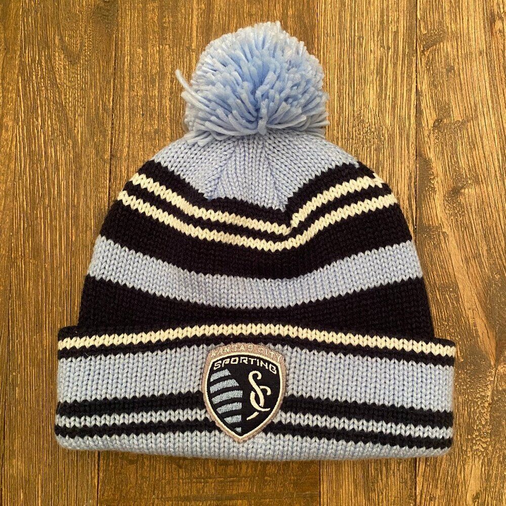 Kansas City Sporting KC MLS adidas Pom Cuffed Beanie Hat Striped Men's One Size